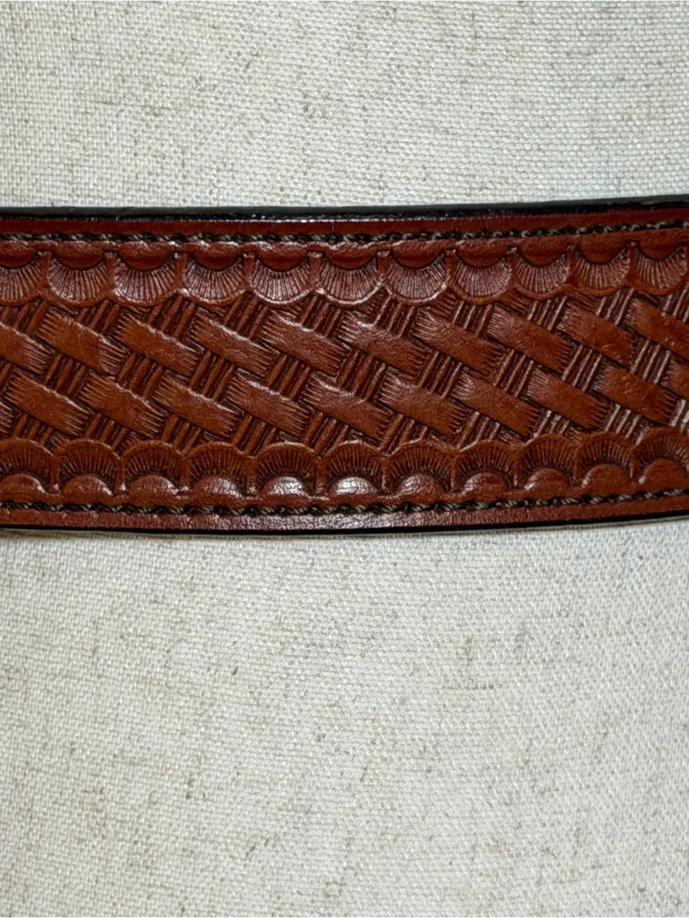 Vintage Strong Tooled Leather Belt 42 Brown Western Brass Buckle USA